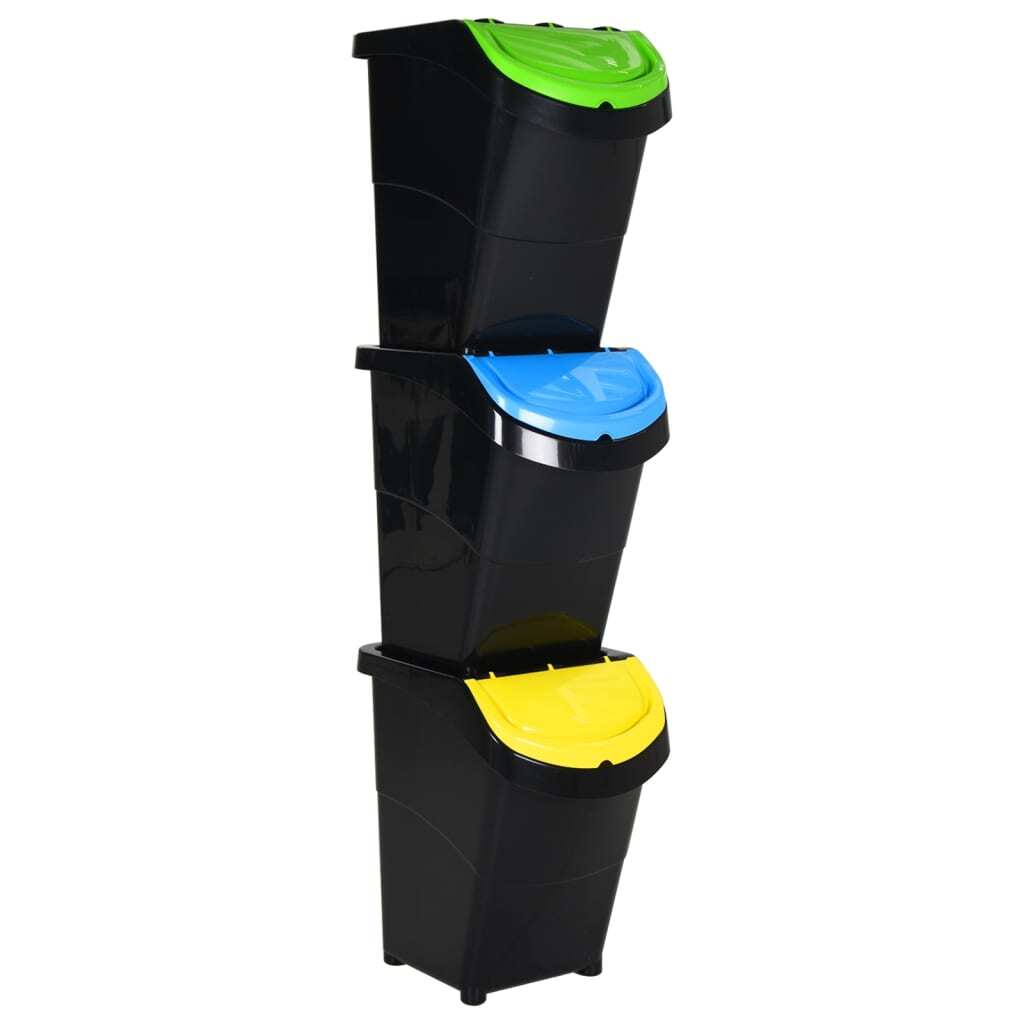 vidaXL Stackable Waste Bins with Lids 3 pcs Black PP 31.7 gal