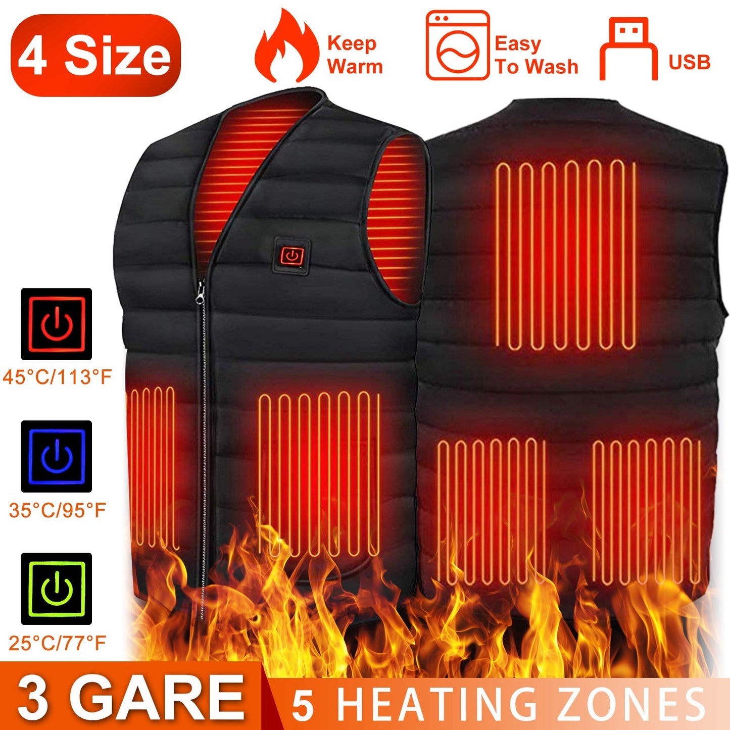 USB Heat Jacket Vest – 3 Heating Levels, 5-Pad Body Warmer for Men & Women, Perfect for Outdoors