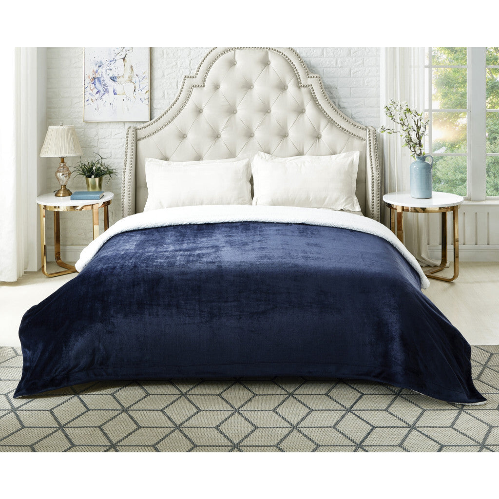 Navy Blue Knitted PolYester Solid Color Plush Queen Blanket