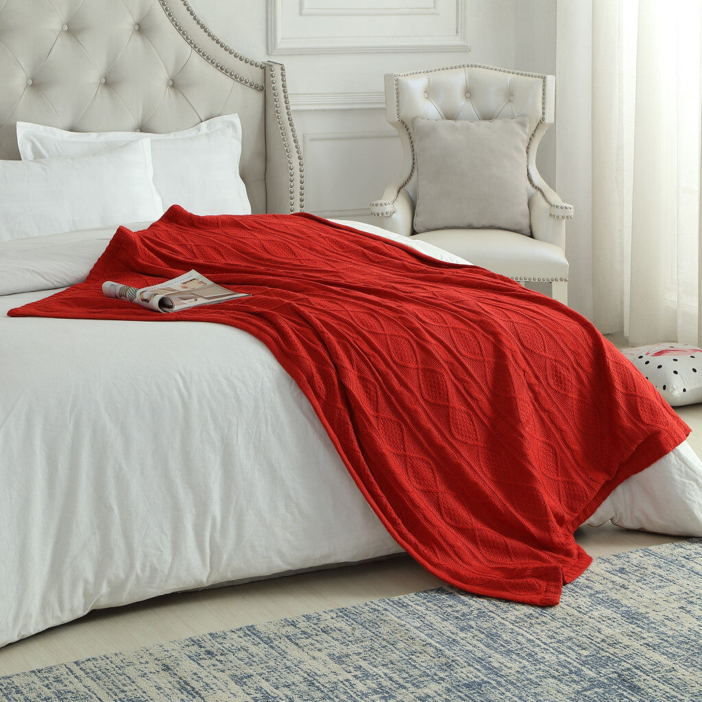 Red Knitted Acrylic Solid Color Throw Blanket