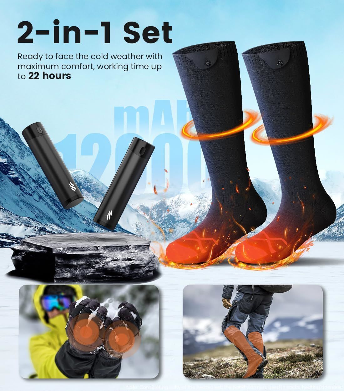 Wavmill Rechargeable Heated Set - Heated Socks and Hand Warmers for Men - 2 Packs 12000mAh Electric Foot Warmers - Gifts for Hunting, Fishing, Skiing and Outdoor - Christmas Stocking Stuffers