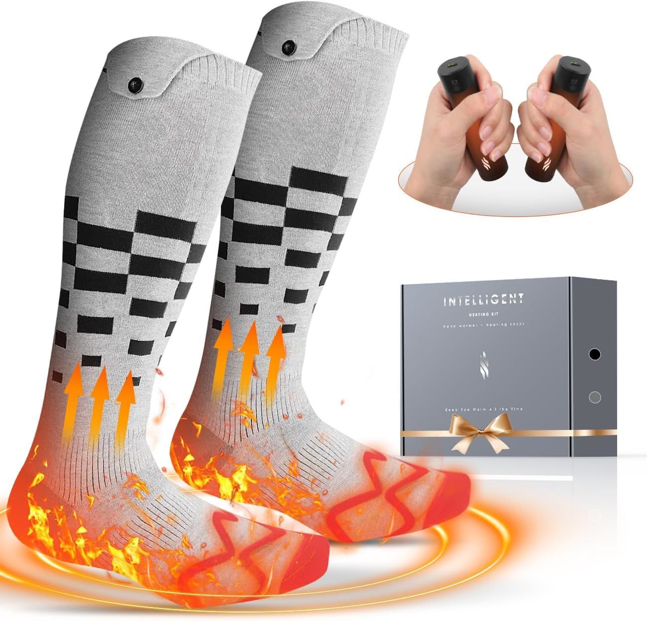 Heated Set Rechargeable - Heated Socks and Hand Warmers for Men - 2 Packs 6000mAh Electric Foot Warmers - Gifts for Camping, Hunting, Fishing and Outdoor Activities - Christmas Stocking Stuffers