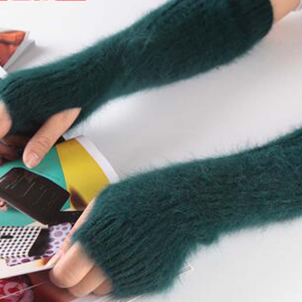 Green Plush Women Knit Arm Warmer Gloves Winter Warm Arm Sleeve Long Fingerless Thumb Hole Mittens