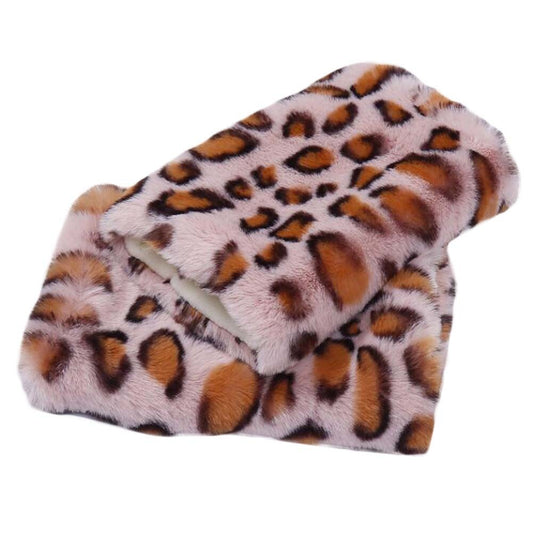 Pink Leopard Print Women Winter Warm Arm Sleeve Short Plush Arm Warmer Fingerless Thumb Hole Mittens Gloves