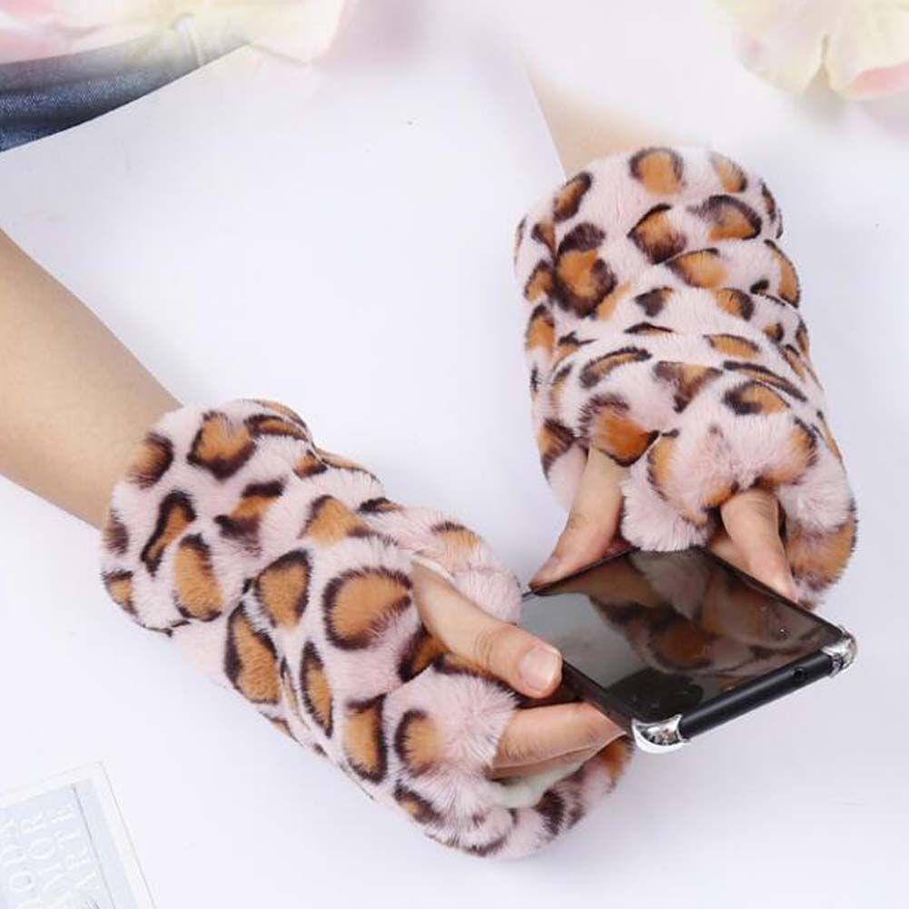 Pink Leopard Print Women Winter Warm Arm Sleeve Short Plush Arm Warmer Fingerless Thumb Hole Mittens Gloves