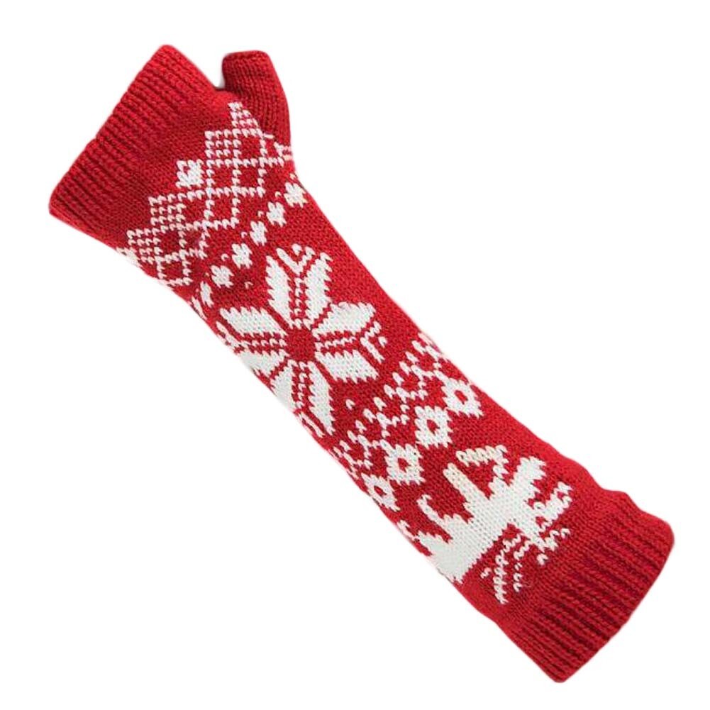 Womens Winter Warm Arm Sleeve Fingerless Thumb Hole Gloves Mittens Knitted Snowflake Arm Warmer, Red