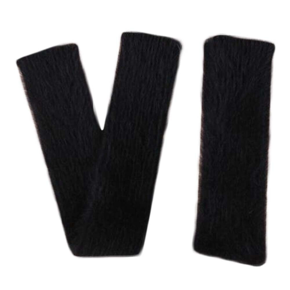 Black Plush Women's Knit Arm Warmer Gloves Warm Arm Sleeve Long Fingerless Thumb Hole Mittens