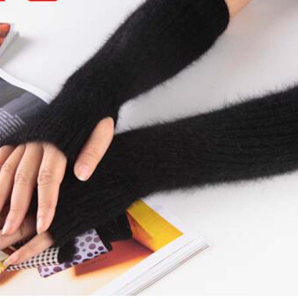 Black Plush Women's Knit Arm Warmer Gloves Warm Arm Sleeve Long Fingerless Thumb Hole Mittens