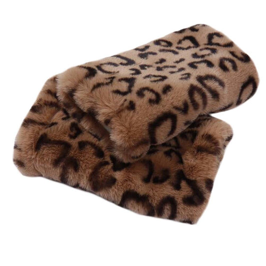 Brown Leopard Print Short Plush Arm Warmer Women Winter Warm Arm Sleeve Fingerless Thumb Hole Mittens Gloves