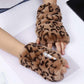 Brown Leopard Print Short Plush Arm Warmer Women Winter Warm Arm Sleeve Fingerless Thumb Hole Mittens Gloves