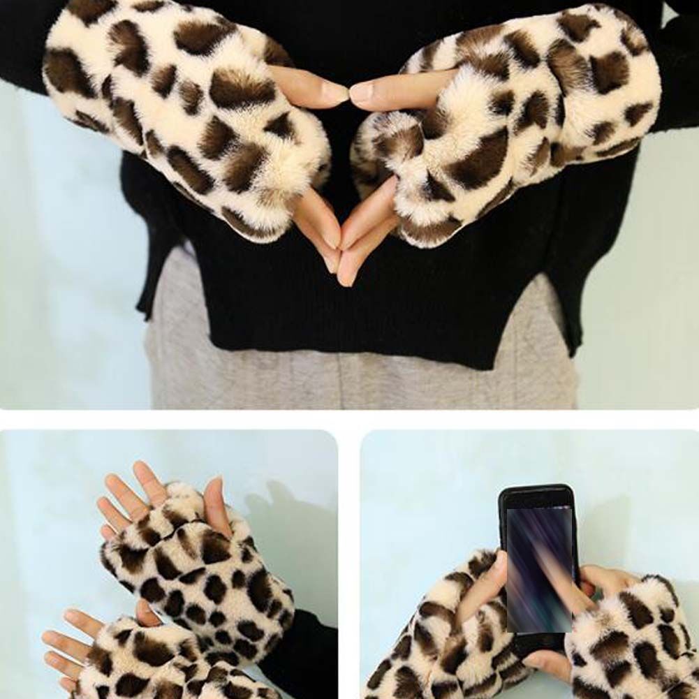 Beige Leopard Print Plush Arm Sleeve Short Arm Warmer Fingerless Thumb Hole Mittens Gloves for Women Winter Warm