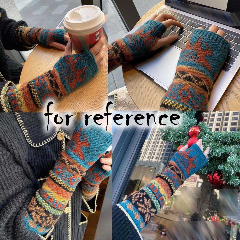 Womens Winter Warm Arm Sleeve Christmas Elk Long Fingerless Thumb Hole Gloves Mittens Knitted Arm Warmer