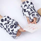 White Leopard Print Short Arm Warmer Plush Arm Sleeve Fingerless Thumb Hole Mittens Gloves for Women Winter Warm