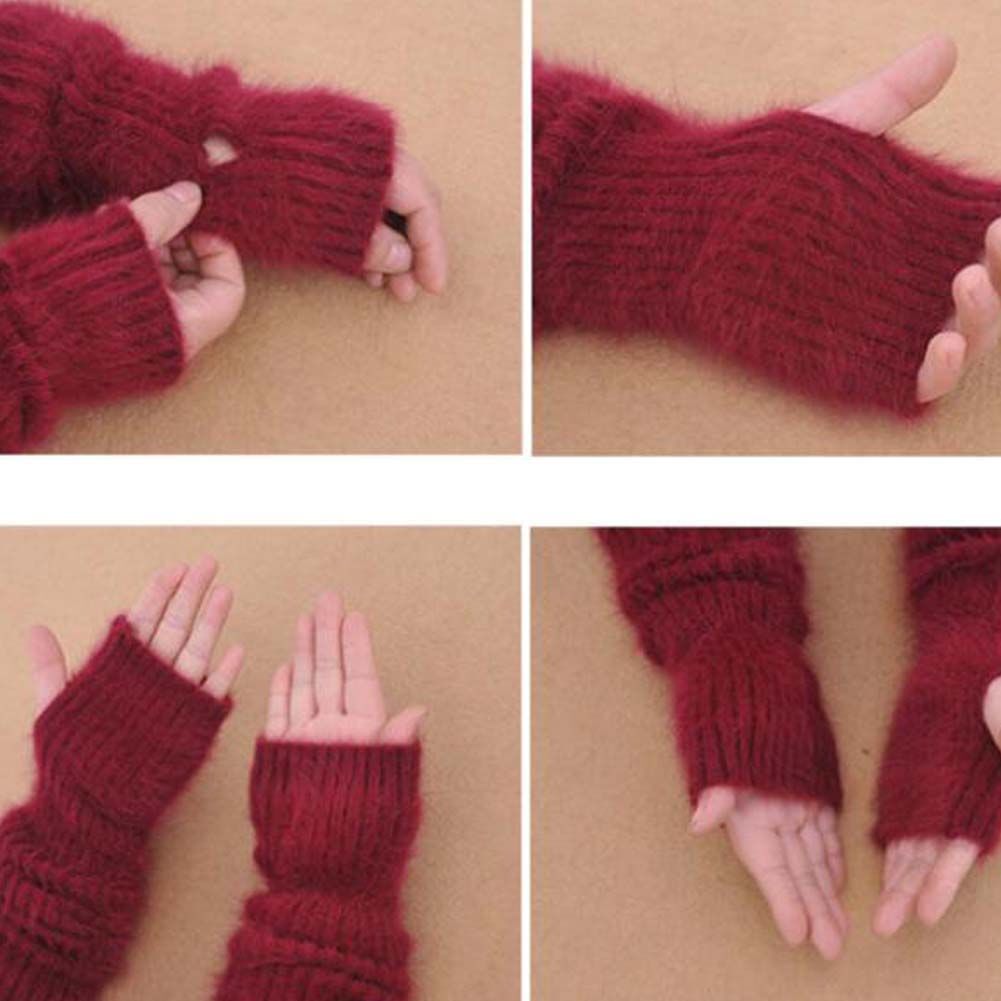 Red Plush Women Winter Warm Arm Sleeve Knit Arm Warmer Gloves Long Fingerless Thumb Hole Mittens