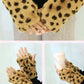 Khaki Leopard Print Plush Arm Sleeve Women Winter Warm Short Arm Warmer Fingerless Thumb Hole Mittens Gloves