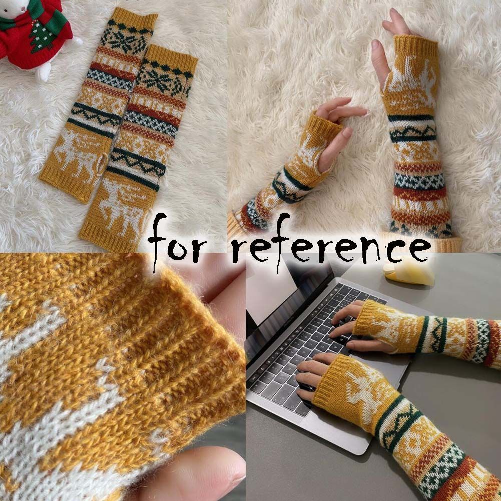 Christmas Elk Womens Winter Warm Arm Sleeve Fingerless Thumb Hole Gloves Mittens Knitted Arm Warmer, Yellow