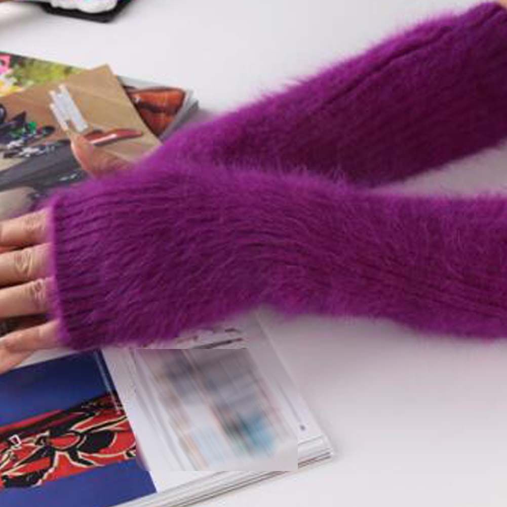 Purple Plush Women's Knit Arm Warmer Gloves Warm Arm Sleeve Long Fingerless Mittens with Thumb Hole