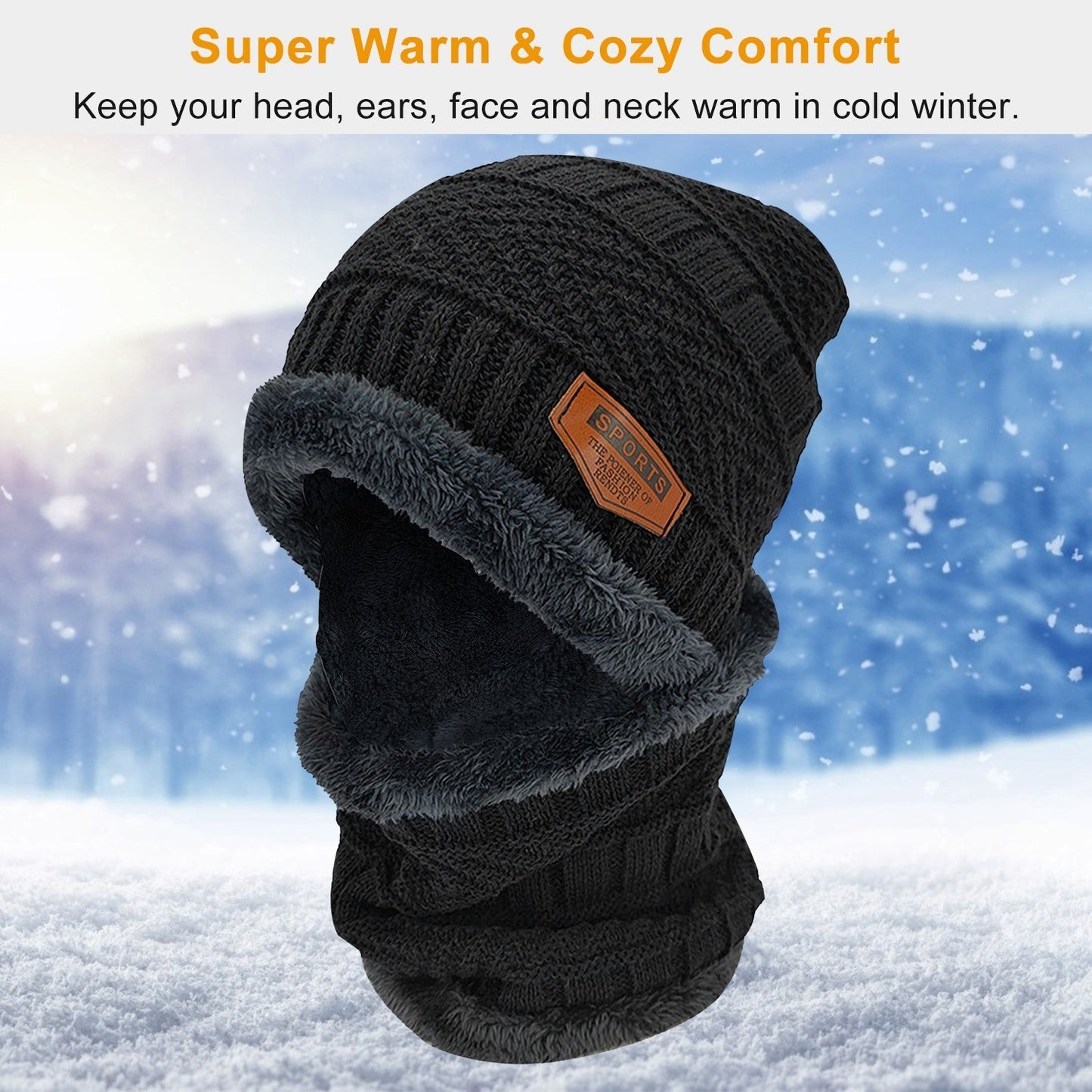 Winter Beanie Hat Scarf Set Unisex Warm Knitting Skull Cap Neck Warmer