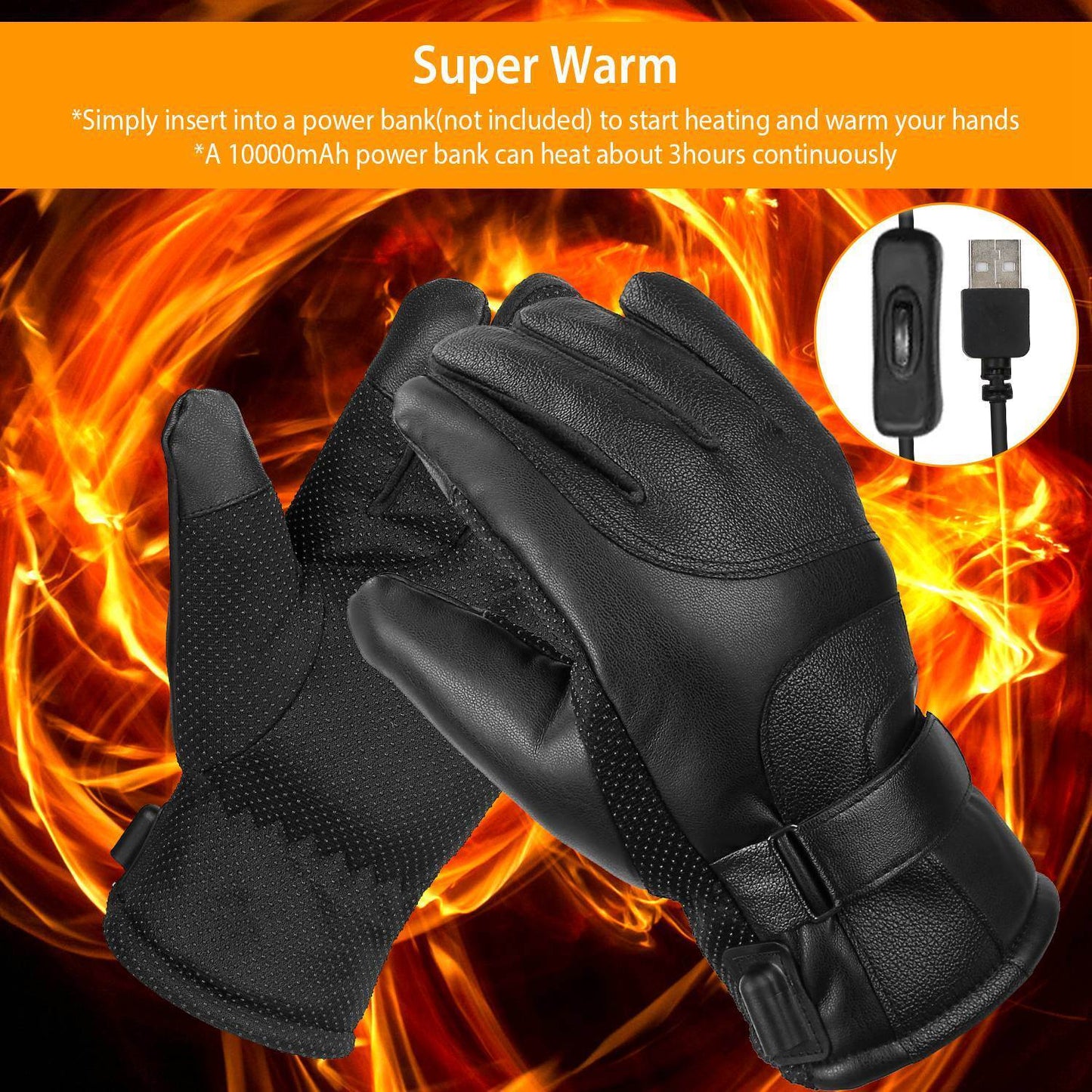 Electric Heated Gloves – USB Plug, Touchscreen, Leather, Windproof for Winter (Unisex)