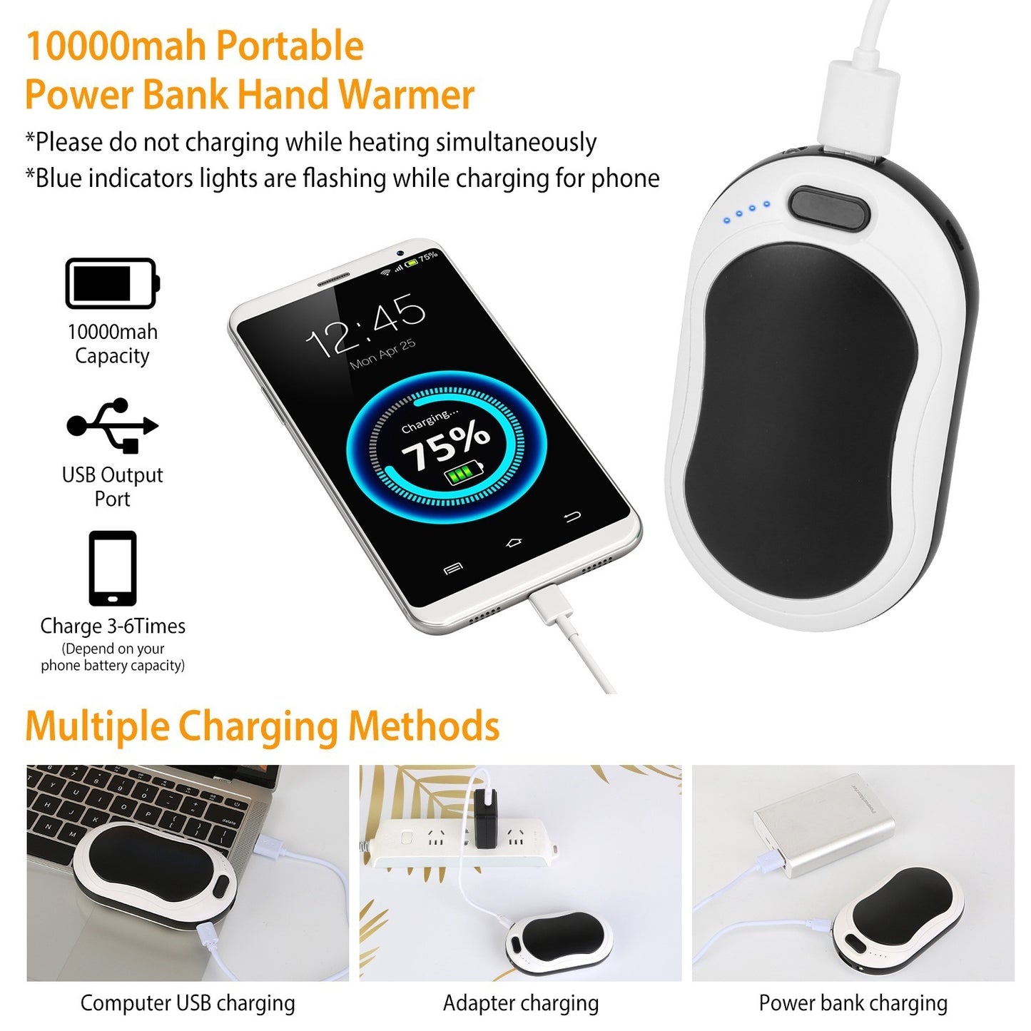 Portable Hand Warmer – 10,000mAh Power Bank with Double-Sided Heating & 3 Temperature Settings