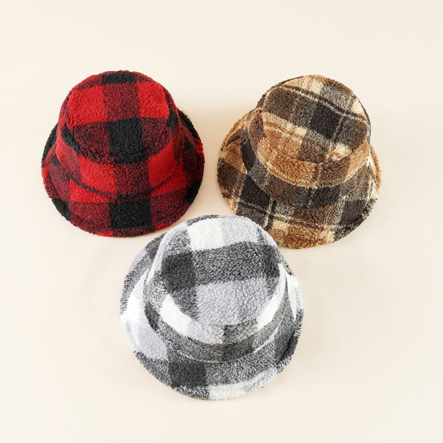 Plaid Lamb Velvet Fisherman Hat - Warm Plush Basin Hat for Women, Autumn and Winter Travel Style