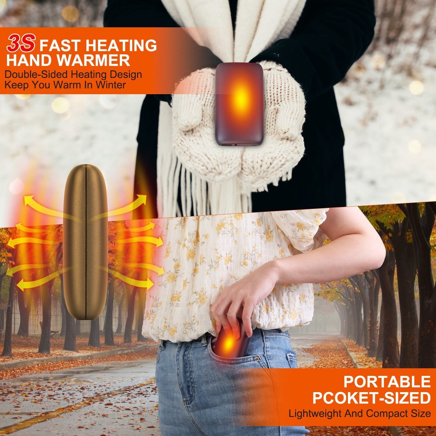 Electric Double-Sided Hand Warmer – 10,000mAh Rechargeable Heater & Power Bank with 3 Temperature Levels