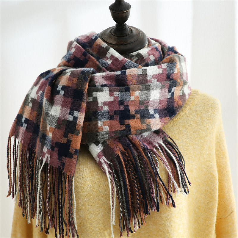 2021 New checked scarf for women in winter; medium length tassel shawl; fashionable street cashmere warm scarf for men