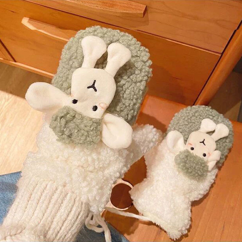 Bear Embroidery Soft Plush Gloves Women Winter Warm Thicken Fingerless Mittens Girls Students Outdoor Warmer Gifts Hand Guards