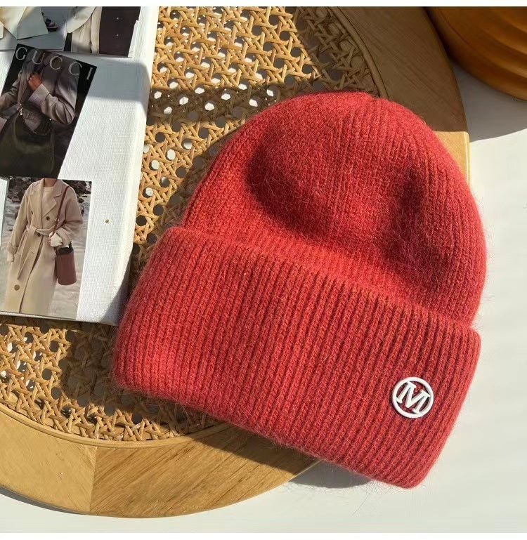 2022 Winter Knitted Hat Ladies Rabbit Fur Beanies Women Outdoor Shopping Warm Winter Hat Fashion Letter M Solid Color Hat Soft