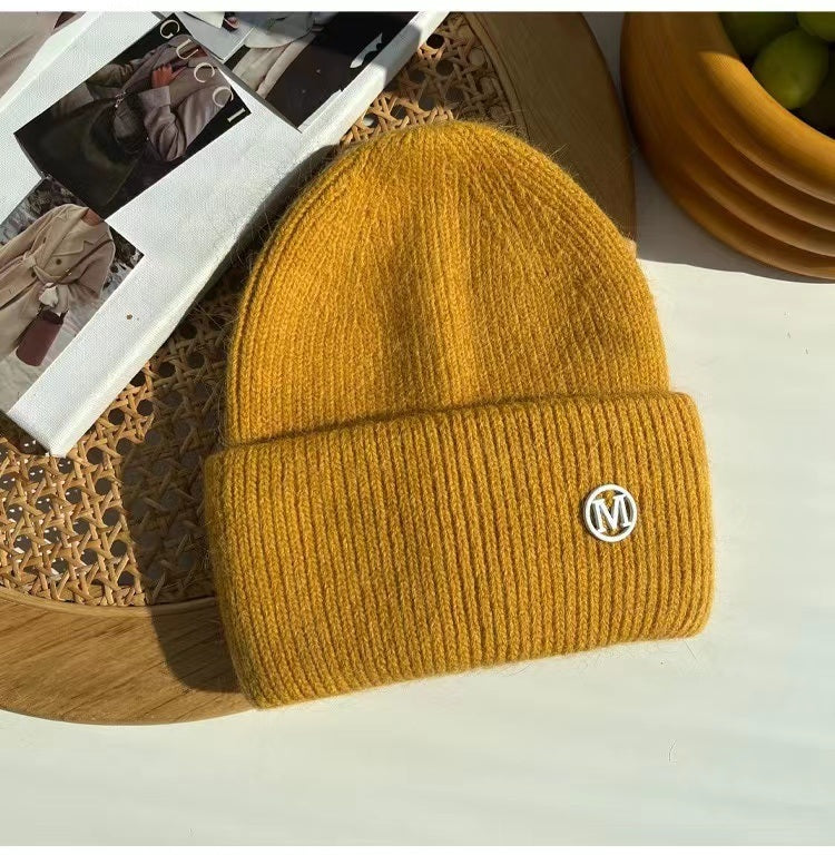 2022 Winter Knitted Hat Ladies Rabbit Fur Beanies Women Outdoor Shopping Warm Winter Hat Fashion Letter M Solid Color Hat Soft