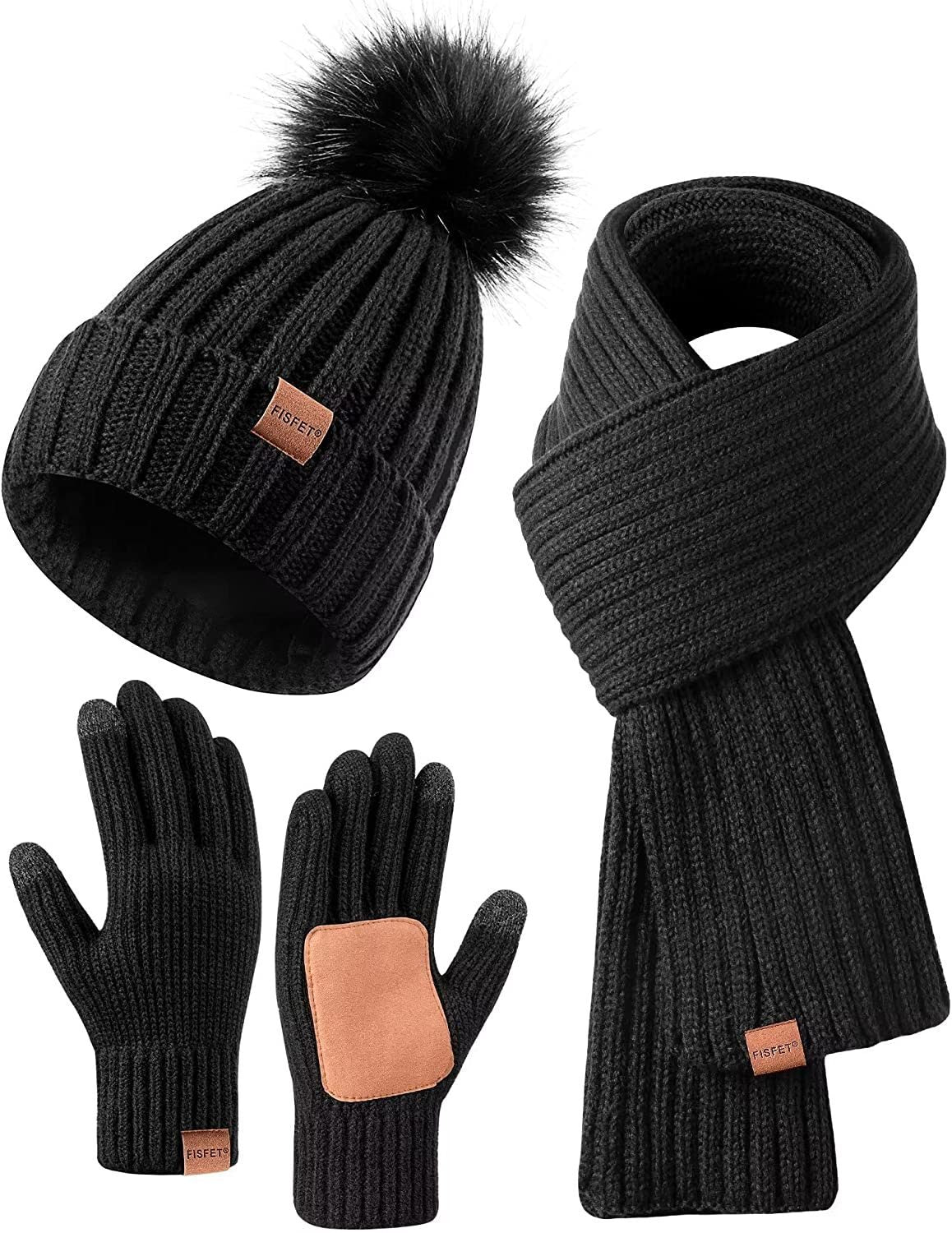 Women's Winter Beanie, Scarf, and Gloves Set - Pom Pom Hat, Long Scarf, Neck Warmer, Touchscreen Gloves (3-in-1)