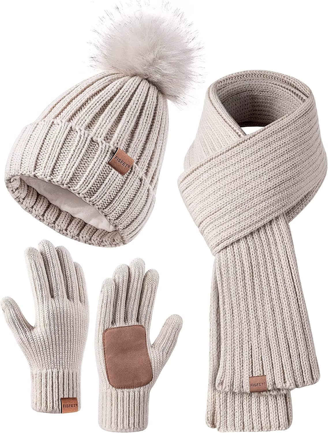 Women's Winter Beanie, Scarf, and Gloves Set - Pom Pom Hat, Long Scarf, Neck Warmer, Touchscreen Gloves (3-in-1)