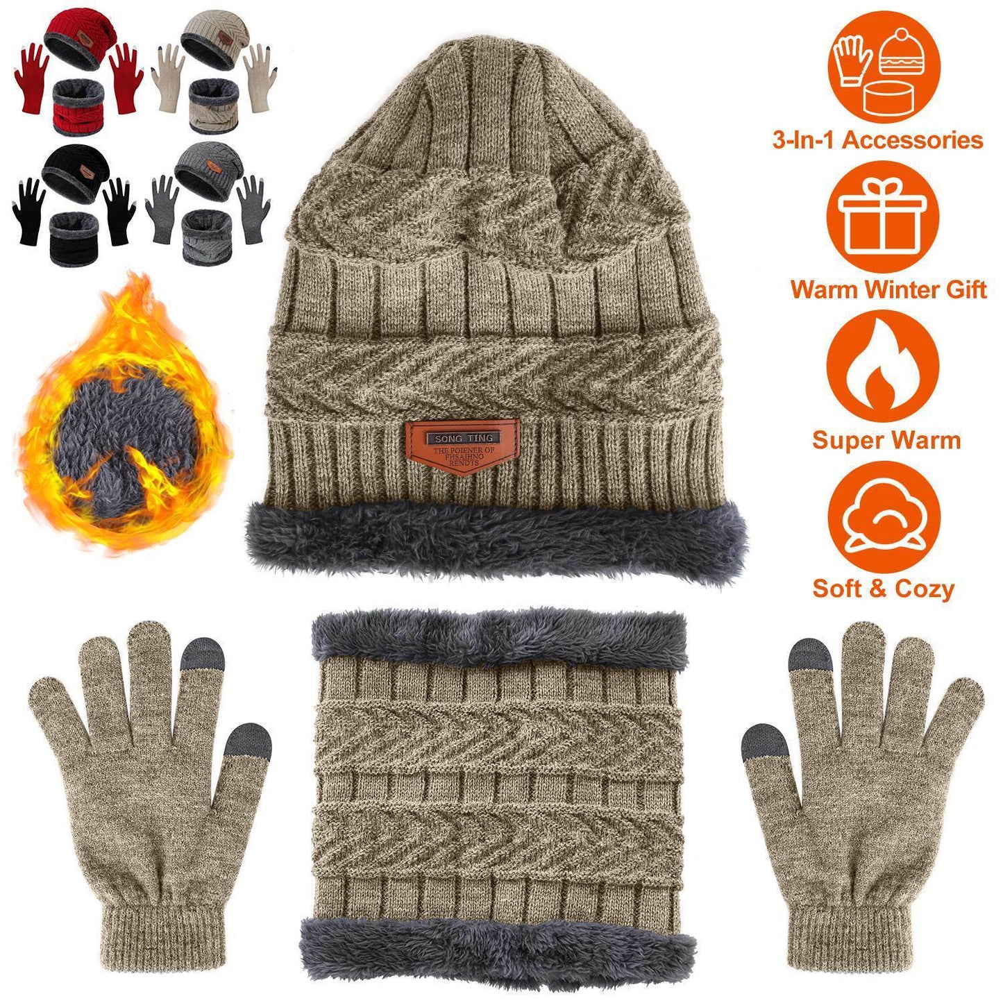 Winter Knitted Hat Scarf Gloves 3Pcs Winter Warm Beanie and Touch Screen Gloves Scarf Set Knit Beanie Skull Cap Neck Warmer Mittens for Men Women