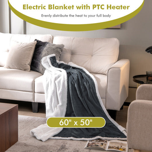 Electric Heated Blanket Throw Reversible Flannel and Sherpa Blanket-Gray - Color: Gray