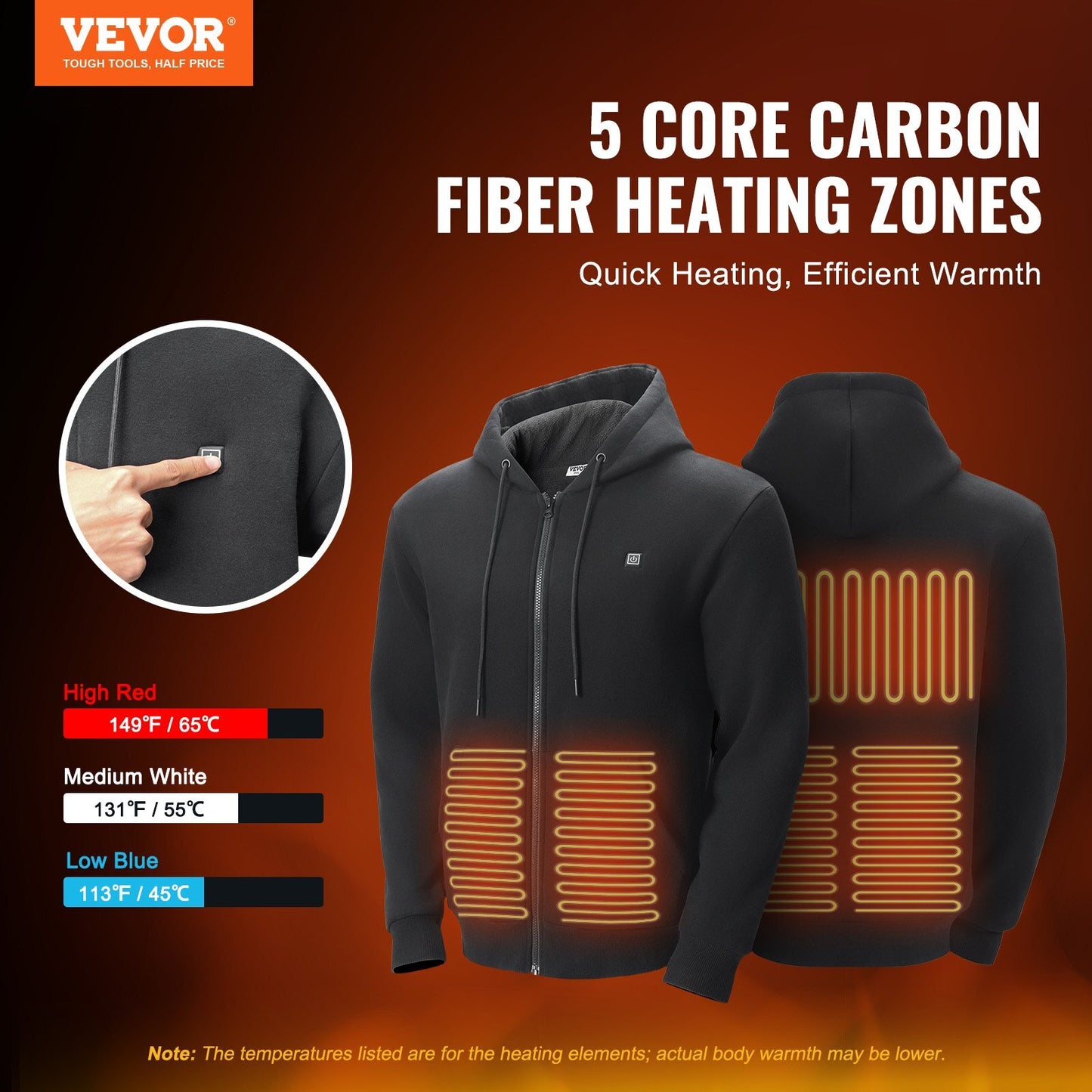 Vevor Unisex Heated Zip-Up Hoodie – Battery-Powered Sweatshirt in Black, Size L