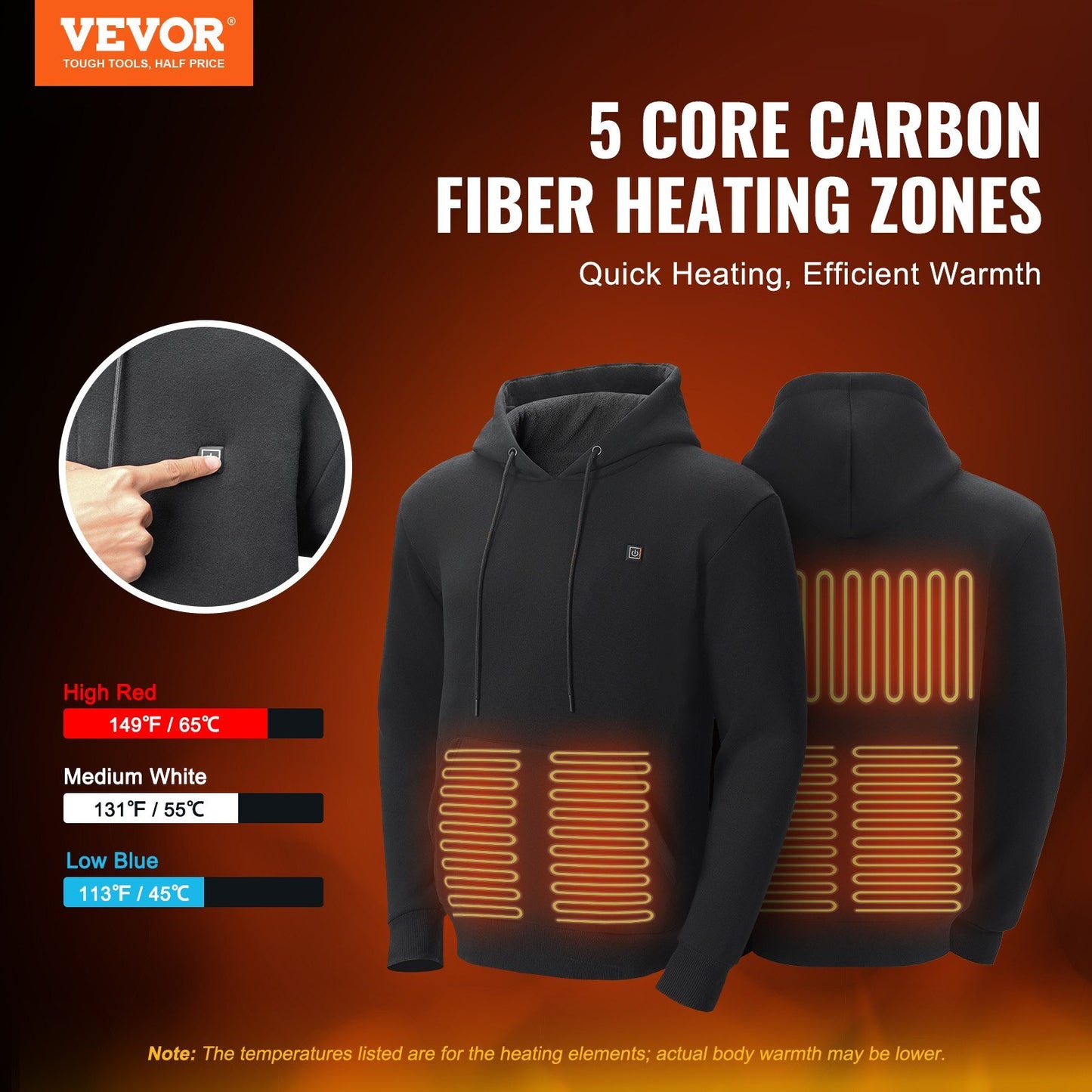 Vevor Unisex Heated Hoodie Sweatshirt – Black, Battery Powered, Size Small for Men & Women