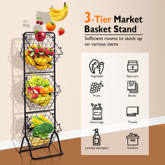 3-Tier Fruit Basket Stand with Adjustable Heights - Color: Black