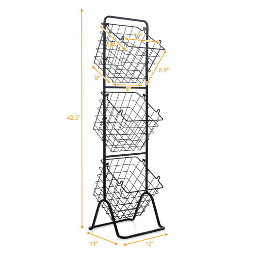 3-Tier Fruit Basket Stand with Adjustable Heights - Color: Black