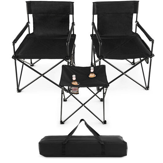 Outdoor Folding Camping Chairs and Table Set with Carrying Bag-Black